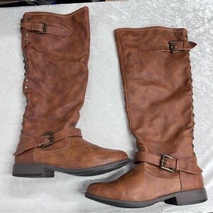Montage Brown Knee-High Buckle Boots size 8 faux leather FLAWED